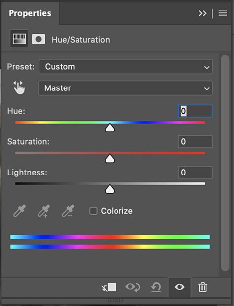 Demonstration of the Hand Tool in Photoshop's Hue/Saturation panel