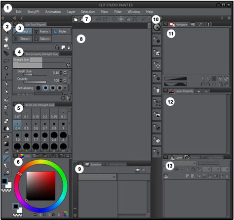 Screenshot of Clip Studio Paint interface showing various default brush tools