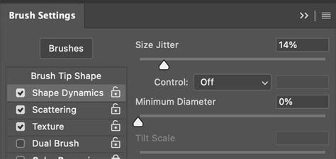 Photoshop brush settings with Size Jitter at 1%