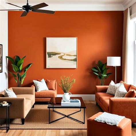 Interior design showcasing burnt orange accent wall and complementary furnishings