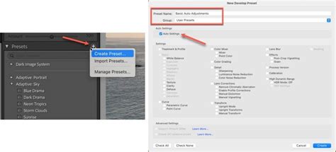 Lightroom New Develop Preset dialog box with options for naming, saving, and selecting settings