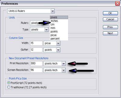Photoshop Preferences > Units & Rulers dialog