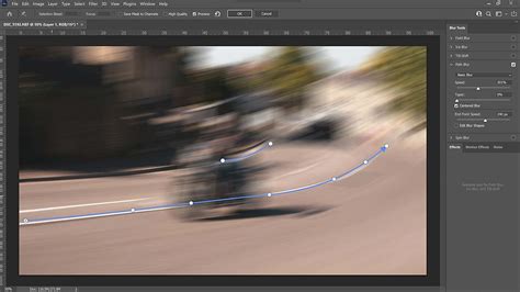 Screenshot of Photoshop's Path Blur interface with a path and arrow drawn on an image.