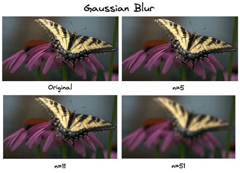 A comparison of an image with no blur, a slight Gaussian blur, and a strong Gaussian blur.