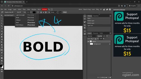 Photopea text tool interface