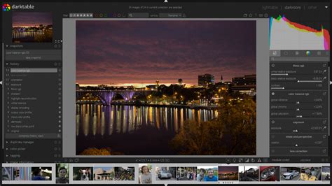 Darktable interface showing RAW photo editing modules and organization
