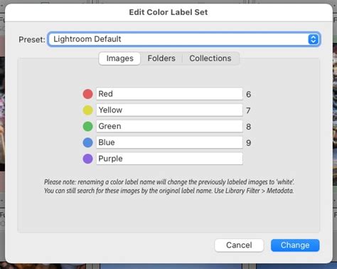 Lightroom color label examples on photo thumbnails
