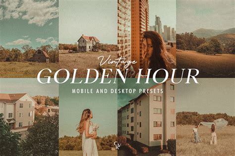 Collage of different photo preset examples: vintage, golden hour, futuristic, black and white