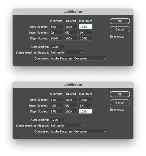 InDesign Justification settings panel