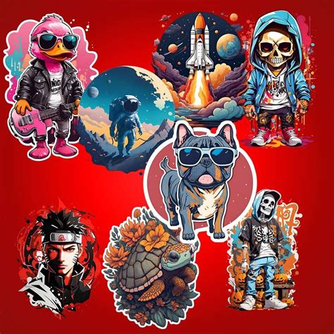 Examples of digital art with transparent backgrounds used in different applications (stickers, t-shirt design)