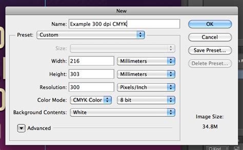 Photoshop document setup with 300 DPI and CMYK color mode