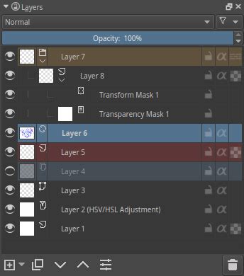 Krita layer docker showing multiple layers for animation