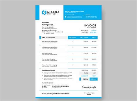 Close-up of a well-designed InDesign invoice template with clear sections for services, pricing, and payment terms.