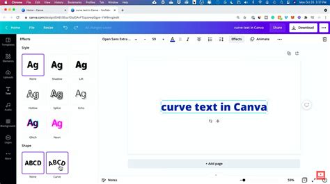 Canva interface showing the curve text effect slider
