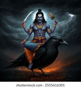 Lord Shani depicted with a dark complexion and stern expression