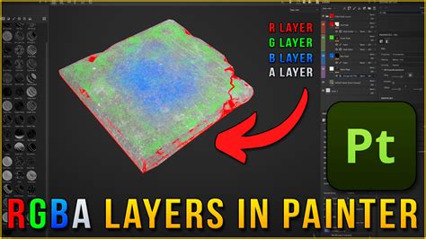 Substance Painter viewport showing a plastic material applied to the pyramid, with metallic material for the logo