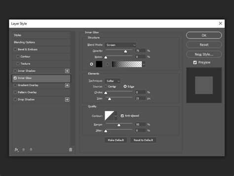 Photoshop Inner Glow Dialog Box