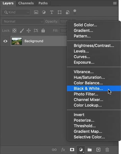 Photoshop interface showing the Black & White adjustment layer properties