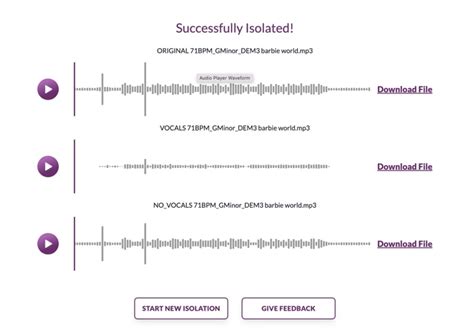 A visual comparison of a raw audio file versus a cleanly separated vocal track.