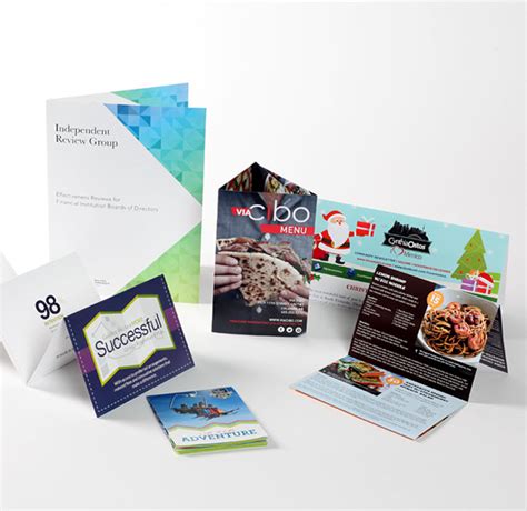 Collage of printed materials like flyers, brochures, and business cards
