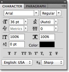 Photoshop Character Panel showing font selection