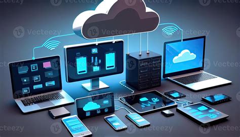 Illustration of different devices (iPad, Windows PC, Mac, Android tablet) connected to a cloud icon