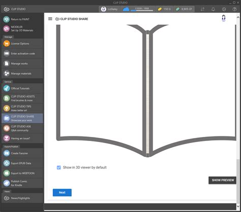 Screenshot of Clip Studio Share 3D book viewer options with different settings highlighted