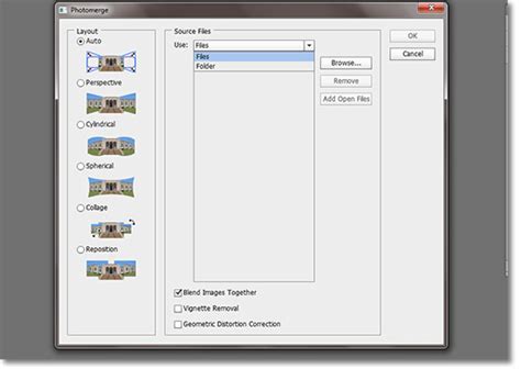 Photoshop Photomerge dialog box with options