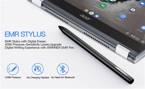 Infographic comparing stylus technologies, highlighting EMR benefits and pressure sensitivity levels.