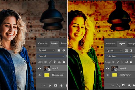 Split image showing the effect of Overlay blending mode on different color tones