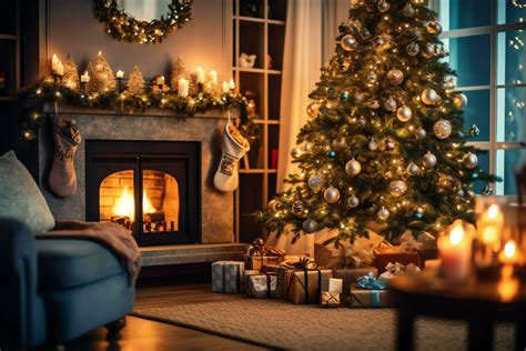 Cozy living room with fireplace and Christmas tree