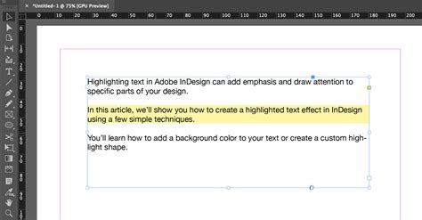 InDesign workspace with highlighted text properties