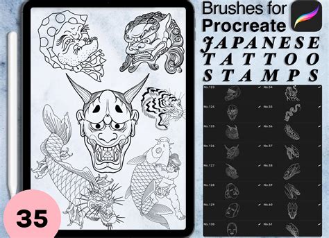 Collection of various Procreate stamp brushes for tattoo elements
