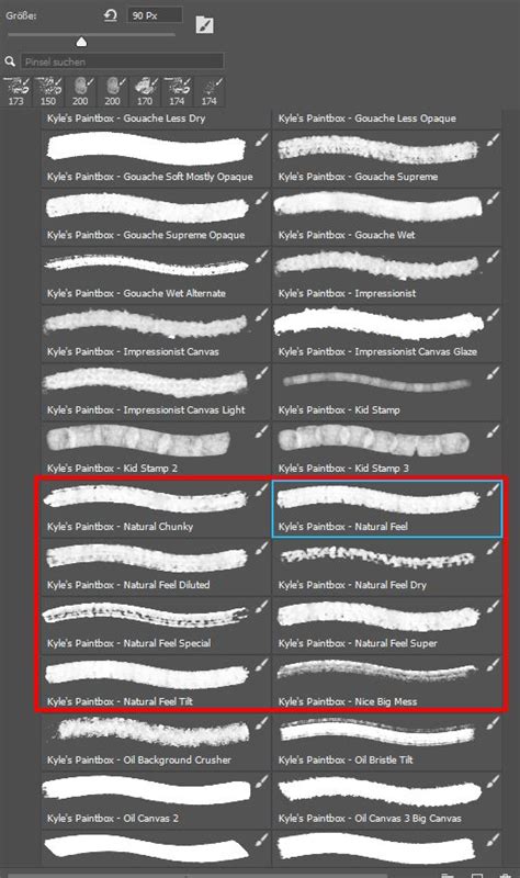 Photoshop interface showing the Brushes panel with various Kyle T. Webster brush sets loaded