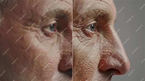 A split image showing a before and after of a portrait with wrinkles reduced in Photoshop