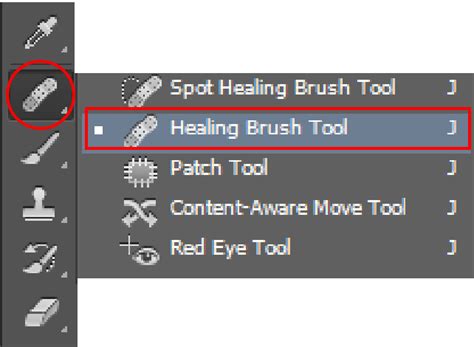 Screenshot of the Healing Brush Tool selected in Photoshop's toolbar