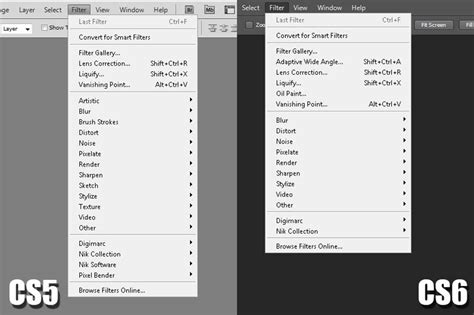 Screenshot of Photoshop's Filter menu in CS5 vs. CS6