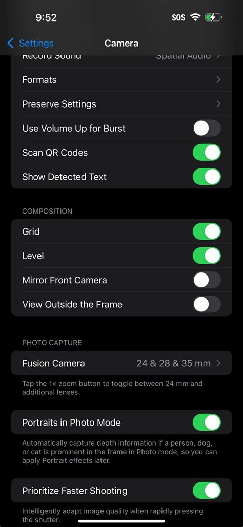 iPhone Camera Settings showing 
