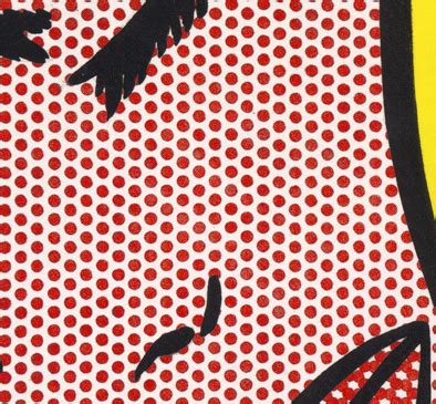 A close-up of a Roy Lichtenstein painting showing distinct halftone dots.